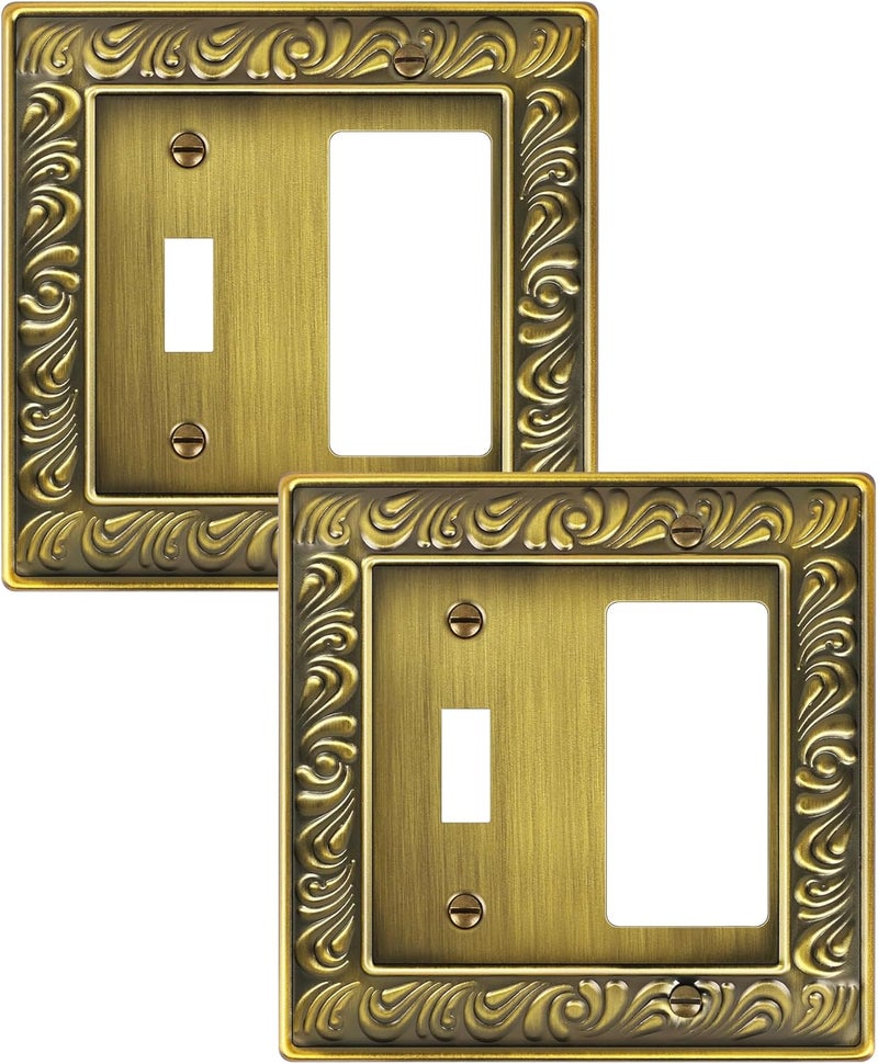 treewell 2-Pack Combo Toggle/Decorator Light Switch Cover Plate, Paisley Pattern Decorative Wall Outlet Cover Plate, Antique Brass Electrical Outlet Covers, Metal Wall Switch Plates and Outlet Covers - Image 1